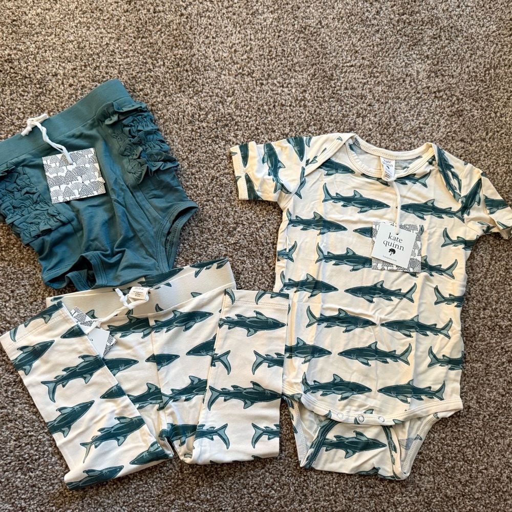 kate quinn Shark Print Kids Pajama Set in Teal and Cream